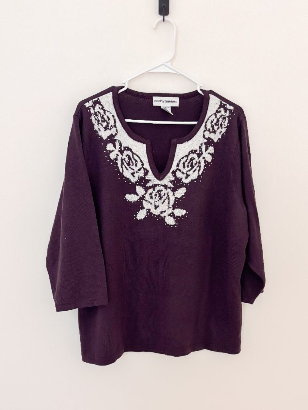 Cathy Daniels Purple Embellished Sweater Top 2X Floral Rhinestone Knit Y2K